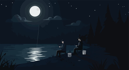 Naklejka premium Men night fishing at lake under moon, reflected light, forested background, illustration