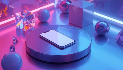 Fototapeta premium Modern smartphone displayed on a metallic podium with vibrant neon lighting