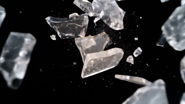 Shattered glass fragments explode against a black background, creating a dramatic visual effect.