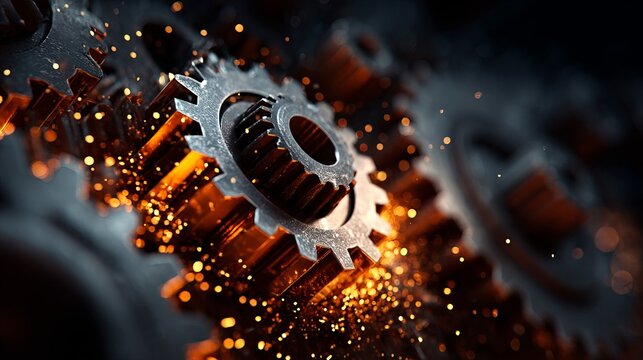Dynamic metal gears meshing with glowing sparks, symbolizing industry and innovation.