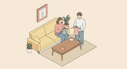 Couple Knitting on Couch, Plants Behind, Showing Progress, Interior Design