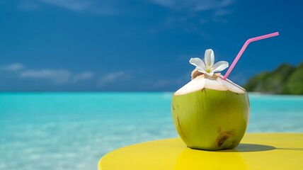 coconut drink with a straw and flower on a yellow table by the ocean view