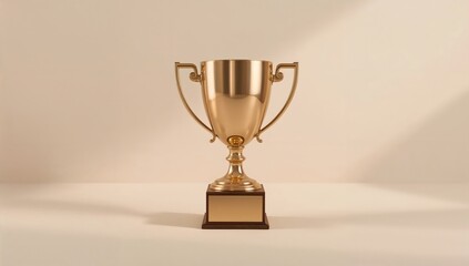 Golden trophy with handles on a pedestal against a soft background
