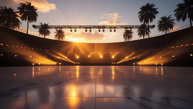 Spectacular sunset illuminates a grand outdoor concert stage with palm trees and dramatic lighting reflecting on a wet surface
