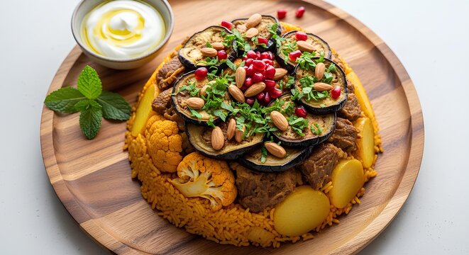Top-down view of Palestinian maqluba rice dish with vegetables