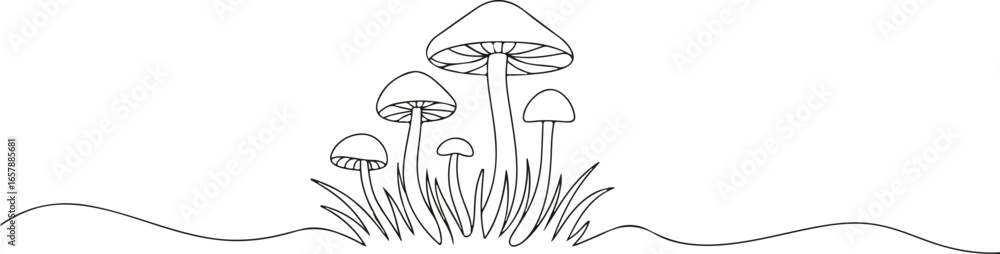 Poster continuous one line drawing of a mushroom cluster with grass around, minimalist single line art in b