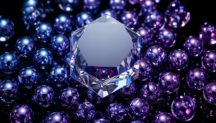 Sparkling crystal prism surrounded by glowing purple and blue spheres