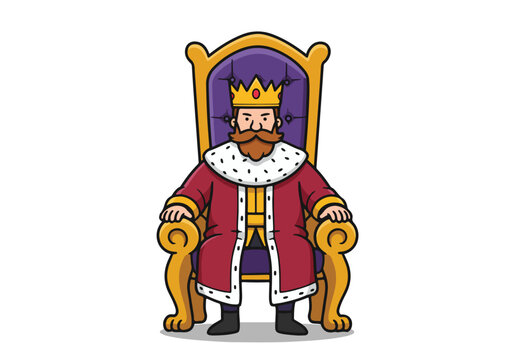 Cartoon king sits on a throne isolated on white. For illustrations, clip art