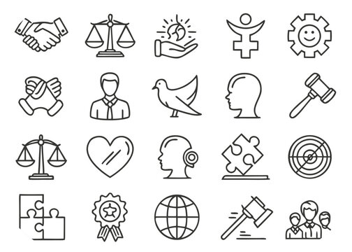 Conceptual Line Art Icons for Business Justice and Social Connection handshake scales of justice