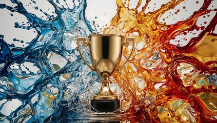 Golden trophy surrounded by explosions of blue and orange water splashes