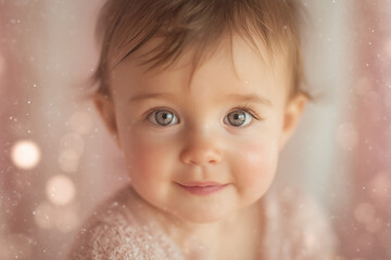  a beautiful baby girl with bright, sparkling eyes and a gentle. pink style