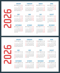 calendar for 2026 starts sunday and monday, vector calendar design 2026 year