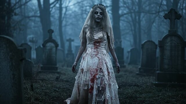 A terrifying and haunting presence emerges from the shadows of a foggy graveyard, revealing a ghostly bride in tattered, bloody attire, evoking both fear and intrigue.