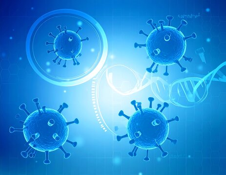 Microscopic view of blue virus particles with DNA helix in a digital science background.