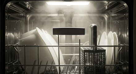 Interior view of a dishwasher filled with white dishes and steam, lit by an overhead light, in a monochrome palette.