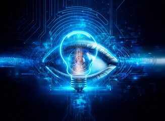 A stylized eye, rendered in shades of blue, is centrally positioned against a dark background.  Surrounding the eye are intricate digital elements and glowing lines, suggesting a technological or futu