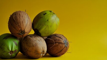 pile of coconuts with varying degrees of ripeness on a yellow backdrop