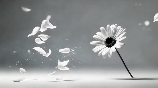 White daisy flower losing delicate petals falling gently against soft gray background in artistic closeup view