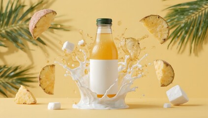 Refreshing pineapple juice bottle splash with tropical leaves