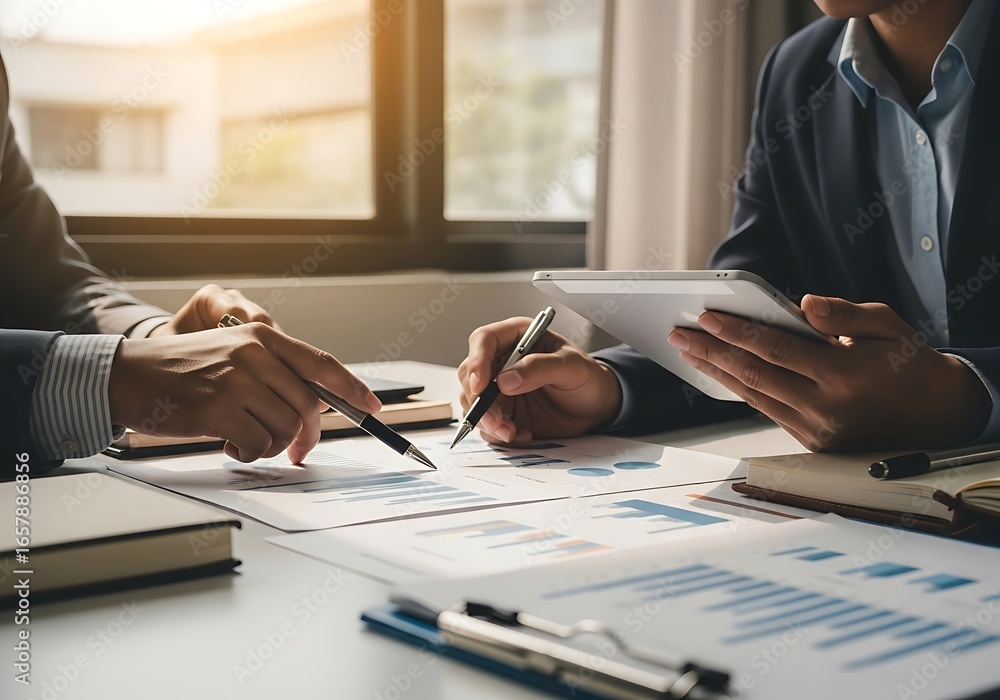 Poster two professionals in a business meeting, analyzing financial reports and discussing strategy with a 
