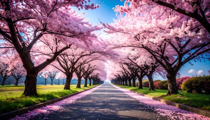 Fototapeta premium A picturesque avenue lined with vibrant cherry blossoms, bathed in sunlight, creates a serene and beautiful springtime scene.