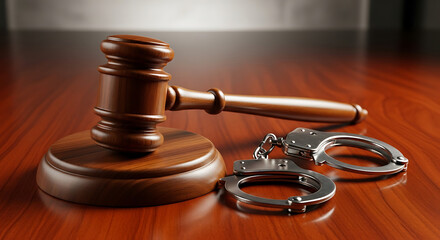 A wooden gavel and handcuffs on a polished wooden surface symbolize law and justice in a courtroom setting