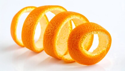 Orange peel spirals, a bright and vibrant display of citrus zest against a crisp white backdrop.