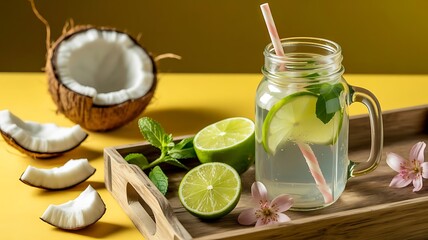 Still life of coconut halves with lime drink on a wooden serving tray
