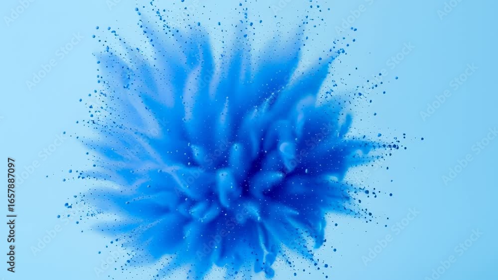 Poster vivid blue powder bursting, creating dynamic cloud pattern against soft azure explosive background, 