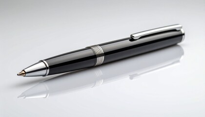Black and silver ballpoint pen on reflective surface—sleek, professional, and poised; a symbol of clarity, intention, and the quiet power of expression.