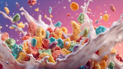 Vibrant colorful cereal splash with milk, a delightful breakfast moment captured