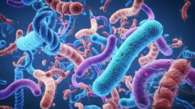 Microscopic view of a diverse bacteria cartoon colony, illustrating probiotics and germs in a vibrant microbiome environment.