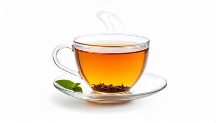 Clear glass cup of steaming tea with mint sprig—warm, fresh, and calming; a visual of serenity, ritual, and sensory simplicity.