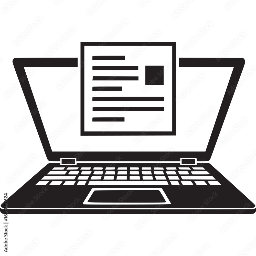 Poster laptop displaying a document with text and a small image, ideal for illustrating digital work, onlin