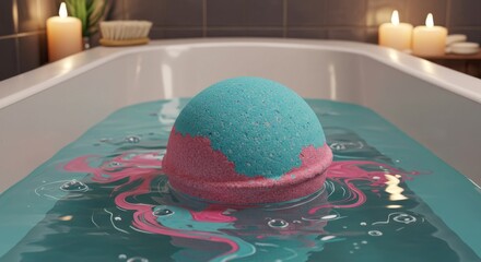 Close-up shot of a two-toned bath bomb dissolving in a tub of teal water, creating pink swirls. Candles and bathroom items visible in the background.