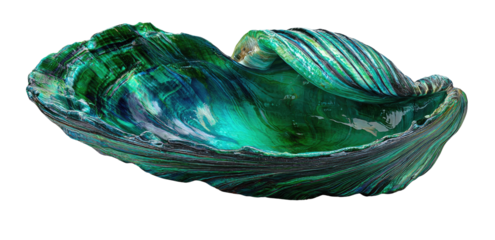 A vibrant, sculpted shell-like bowl, displaying a mesmerizing blend of teal and emerald hues