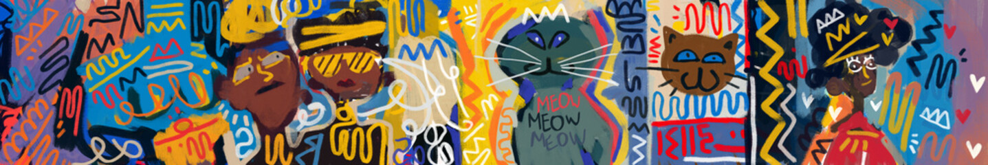 Obraz premium Street banner art with colorful graffiti. painting happiness and love with cat and figure girl and boy portrait. expressionism style
