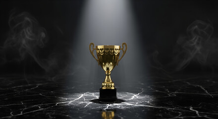 Golden trophy cup shining bright on marble surface design