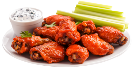 A platter of buffalo chicken wings served with celery sticks and  cheese dressing on a transparent  background