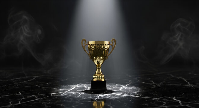 Golden trophy cup shining bright on marble surface design