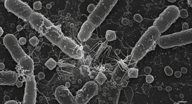 Monochrome electron microscope image showing rod-shaped bacteria attacked by bacteriophages, with small, spherical vesicles scattered around.