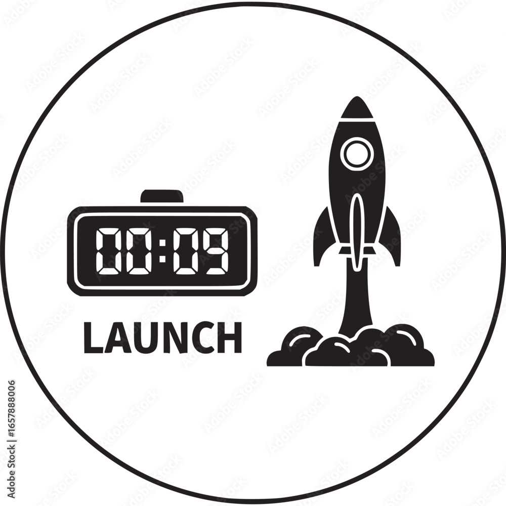 Poster rocket launch with a timer showing 0009, symbolizing a business startup, innovation, and the countdo