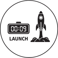 Rocket launch with a timer showing 0009, symbolizing a business startup, innovation, and the countdown to a new project or venture isolated on white background
