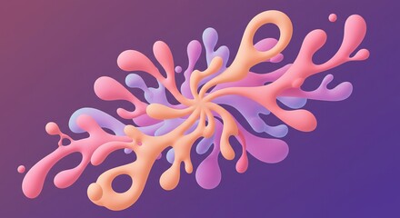 Abstract, swirling shapes in peach, pink, and lilac on a purple gradient background. The shapes radiate from a central point.