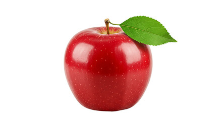 Shiny red apple with a single green leaf isolated on a solid black background transparent background PNG, Realistic