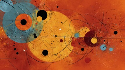 A vibrant abstract composition featuring overlapping circles and expressive lines in warm orange and cool blue tones.