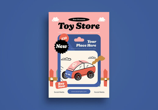 Blue and Pink Handrawn Toy Store Flyer Layout