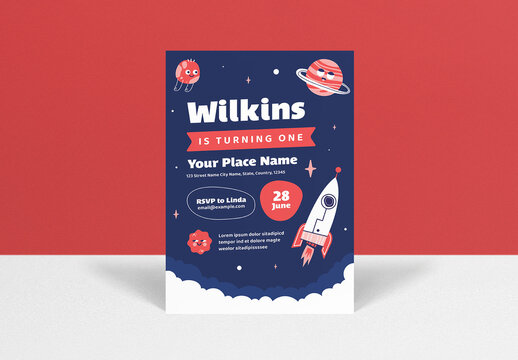 Blue Hand Drawn Birthday Astronaut Theme Invitation