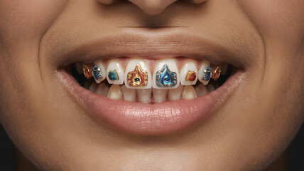 Close up of a smiling mouth with decorative braces and colorful charms
