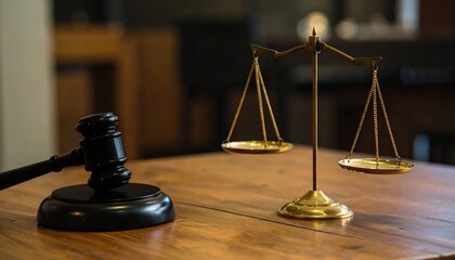 A wooden table holds a black gavel and golden scales of justice.